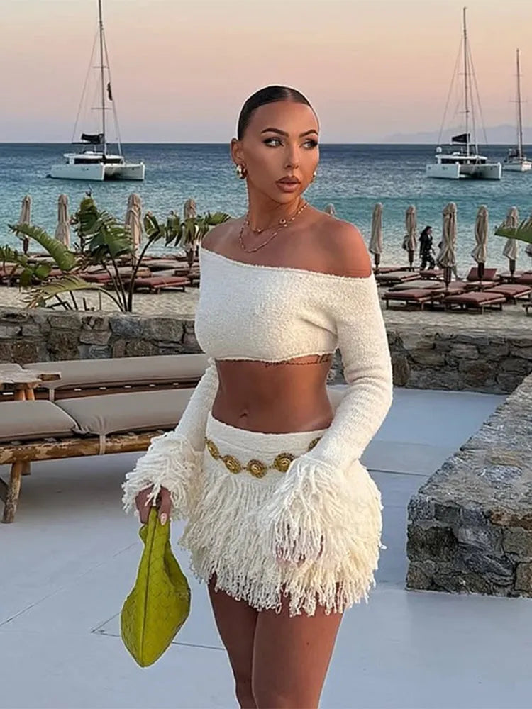 Elegant Tassel Knitted Skirt Set Women Off Shoulder Long Sleeve Crop Top Hip Package Mini Skirts Suit Summer Beach Lady Outfits
