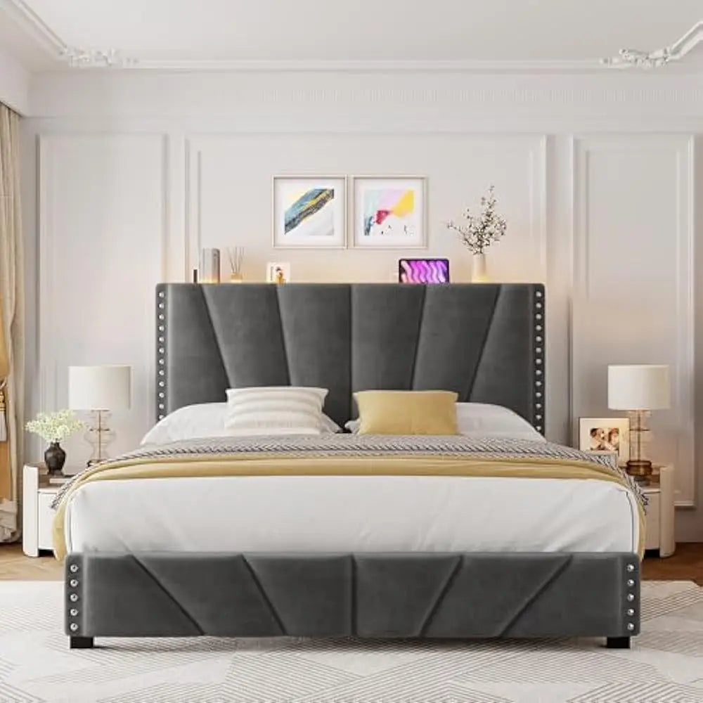 LED Queen Size Bed Frame with Velvet Headboard and Charging Station, Sturdy Wooden Slats Support, Noise-Free, Easy Assembly