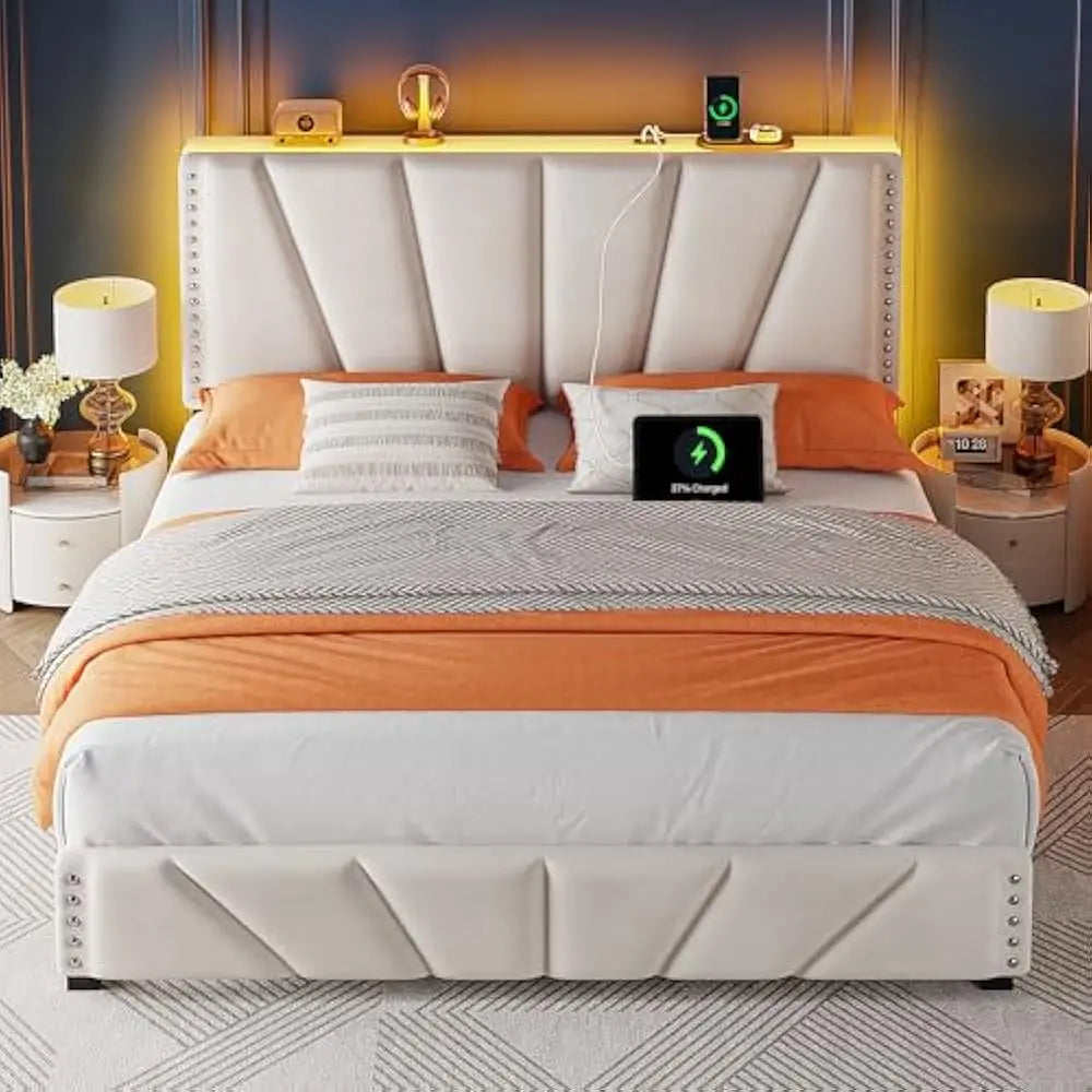 LED Queen Size Bed Frame with Velvet Headboard and Charging Station, Sturdy Wooden Slats Support, Noise-Free, Easy Assembly