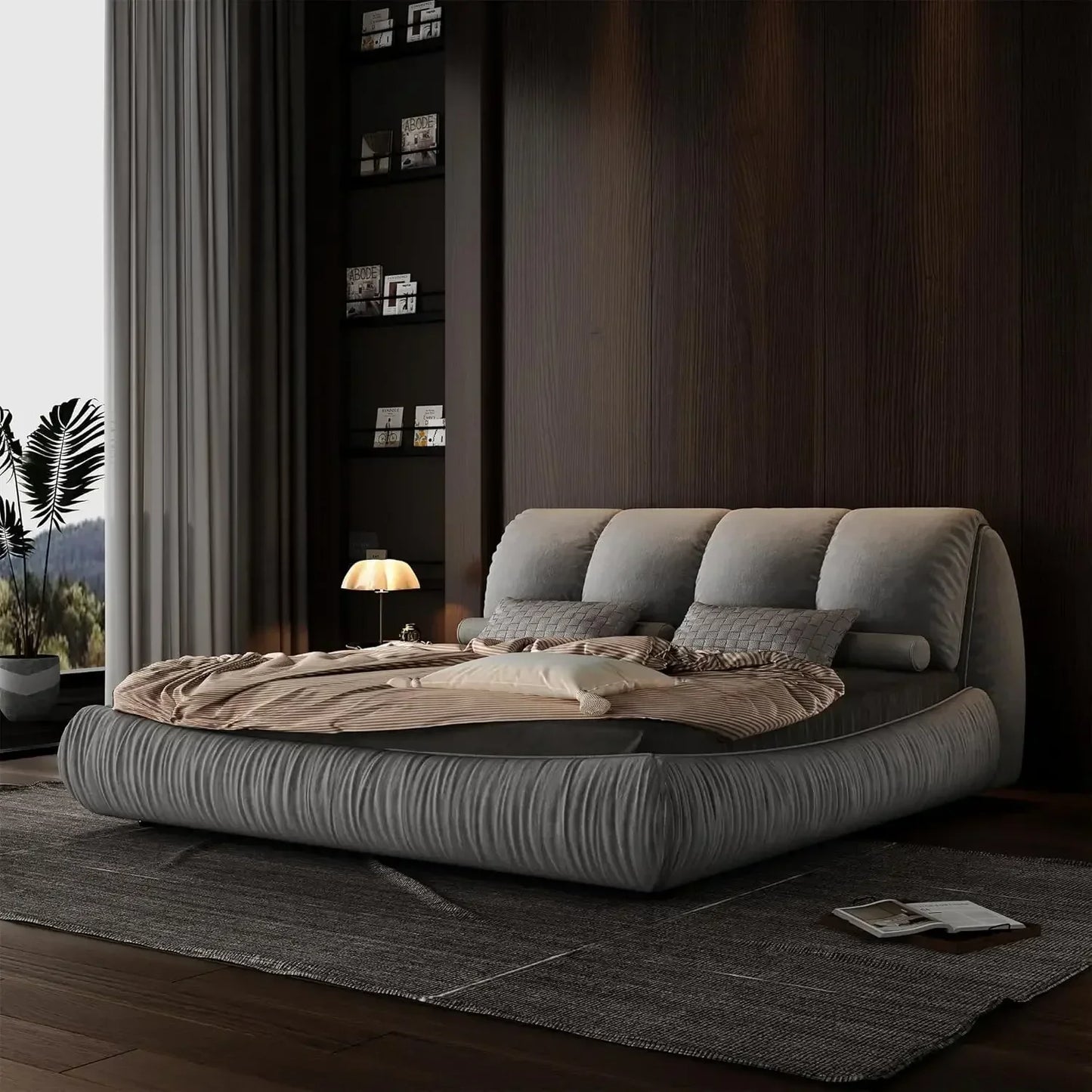 Luxury  Upholstered Platform Bed with Oversized Padded Backrest, Soft Frame Cloud Bed,Pinewooden Slats and Metal Leg