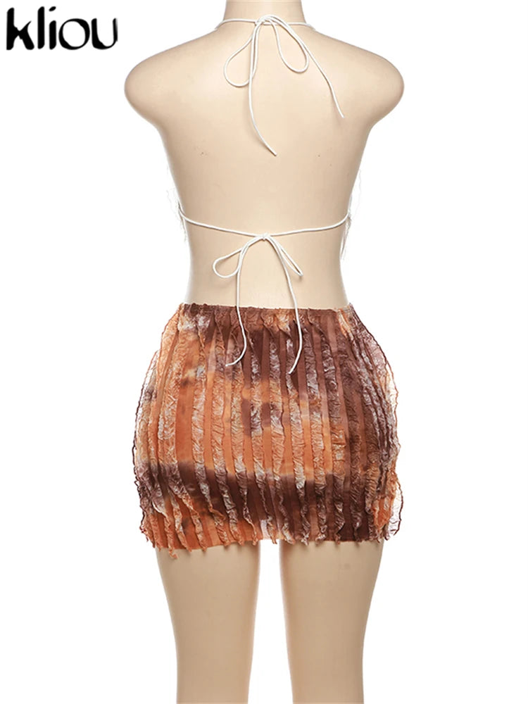 kliou Summer Women Mini Sexy Mesh Two Piece Set