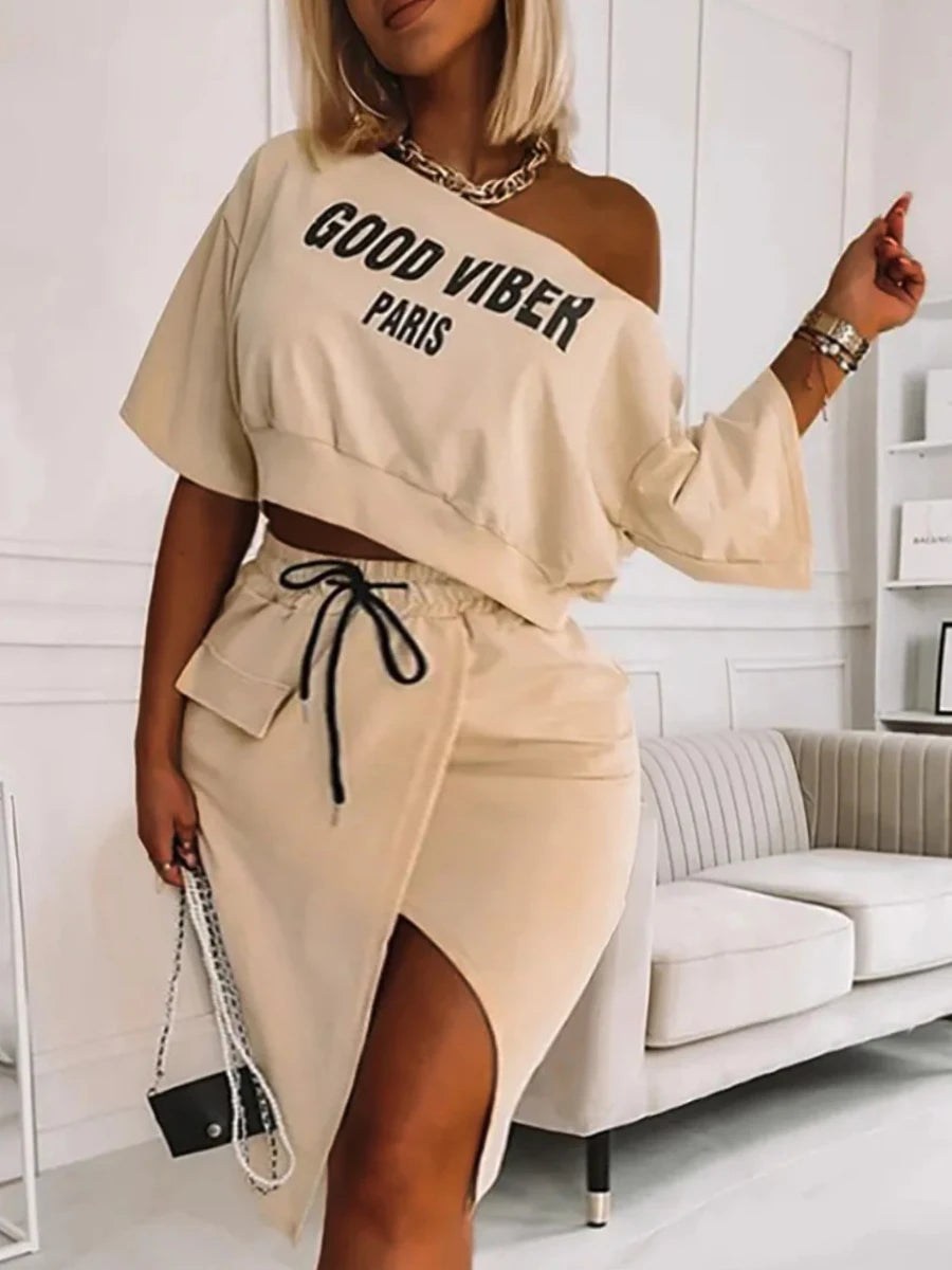 Two Piece Good Viber One Shoulder Letter Print Set Crop Top + High Split Skirt