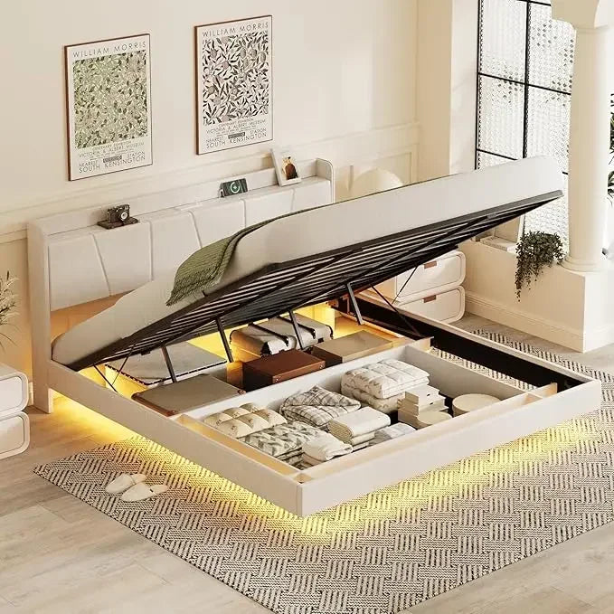King Bed Frame, Floating with LED Lights, Upholstered Bed with Charging Station, No Box Spring Needed, Bed Frame