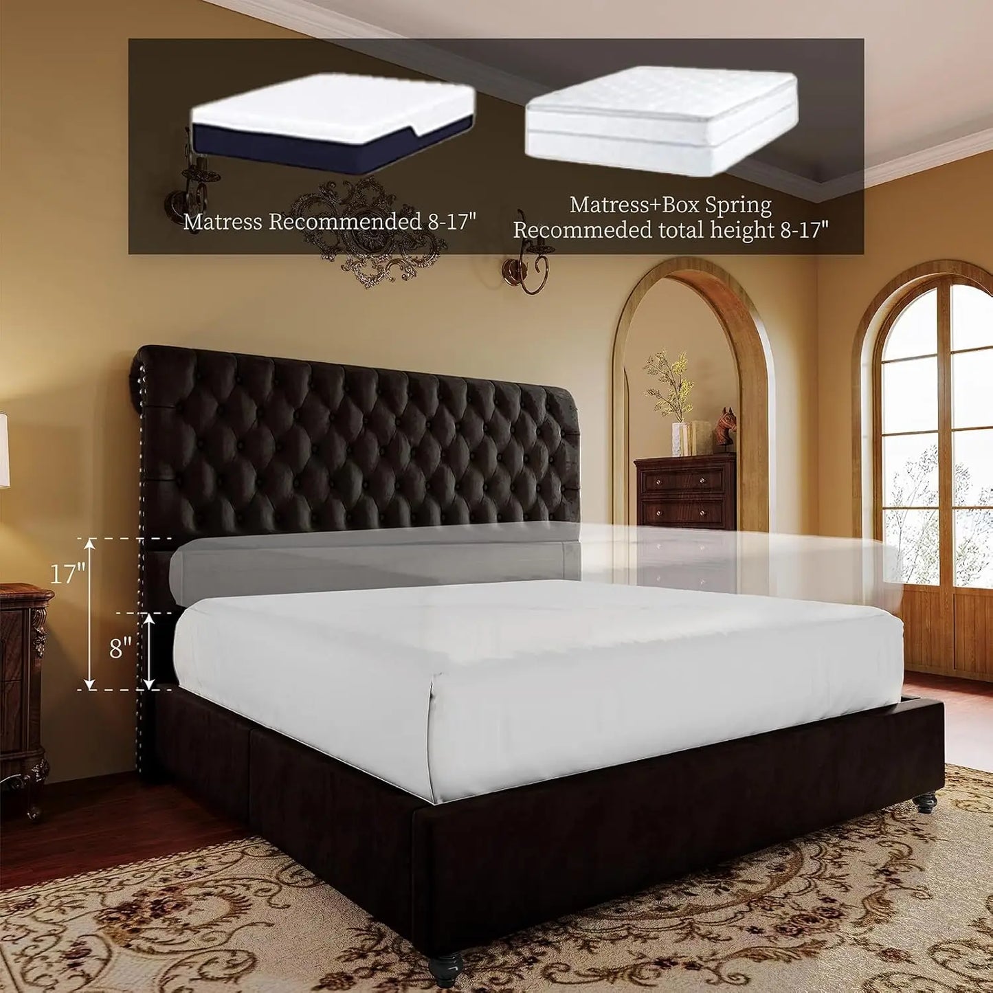 King Bed Frame Upholstered Platform Bed Frame with 52.8'' Tall Sleigh Headboard, Button Tufted, No Box Spring Needed, Black