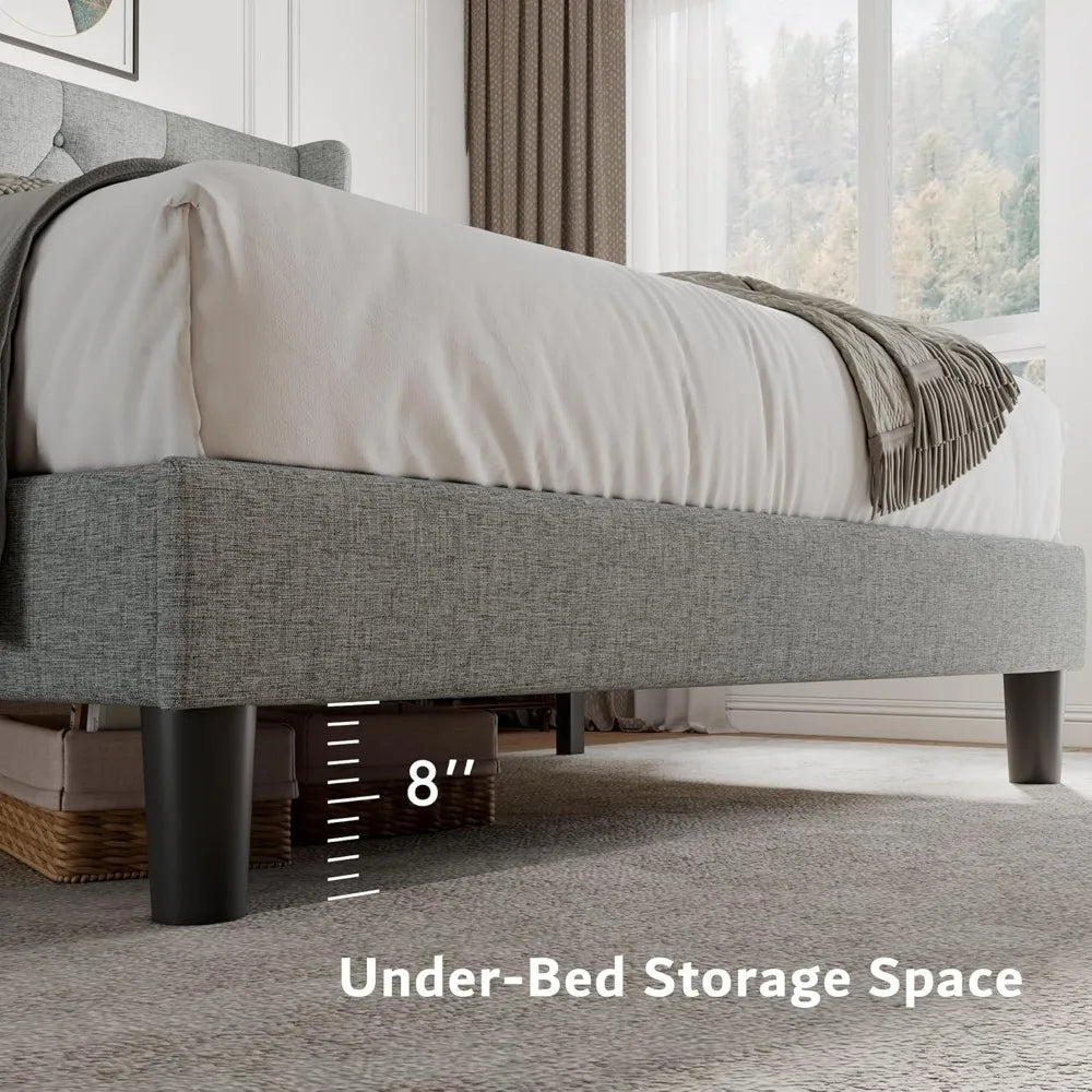 iPormis Full Size Platform Bed Frame with Button Tufted Headboard, Upholstered Bed Frame with Solid Wooden Slats, 8" Underbed Sp