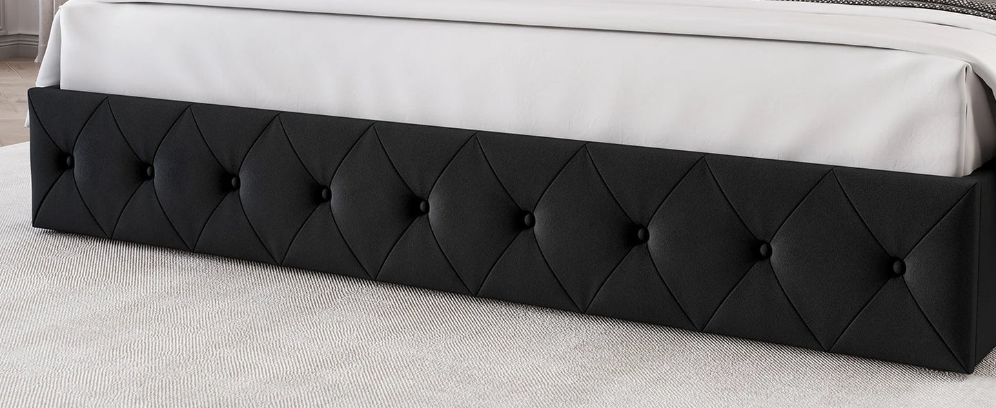 Bedroom Bed, King Size Bed Frame with 4 Storage Drawers and Tufted Headboard Velvet Upholstered Platform Bed Frame Wingback