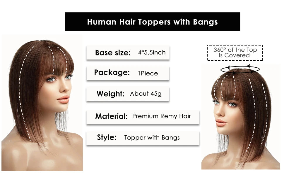 Ombre Blonde 100% Remy Human Hair Toppers with Bangs Silk Base Clip in Topper Top Hair in Hair Extension for Women 10/12/14inch
