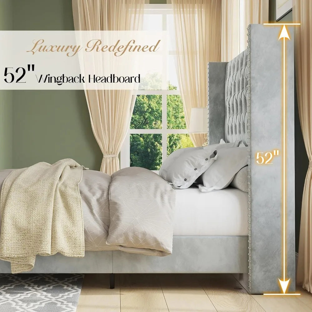 Queen Size Bed Frame Velvet Upholstered Platform Bed 51.6" Tall Wingback Headboard Deep Button Tufted, No Box Spring Needed