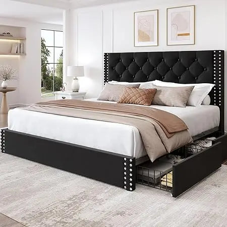 Queen Size Bed Frame with 4 Storage Drawers and Tufted Headboard Linen Upholstered Platform Bed Frame with Heavy Duty Wood Slats