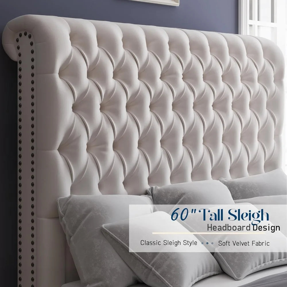 Queen Size Bed Frame with Sleigh Headboard 60" Tall Velvet Upholstered Platform Bed, No Box Spring Needed, Cream