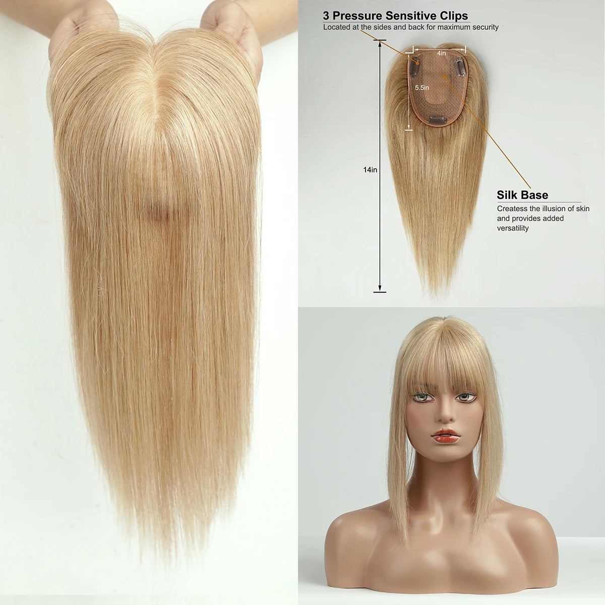 Ombre Blonde 100% Remy Human Hair Toppers with Bangs Silk Base Clip in Topper Top Hair in Hair Extension for Women 10/12/14inch