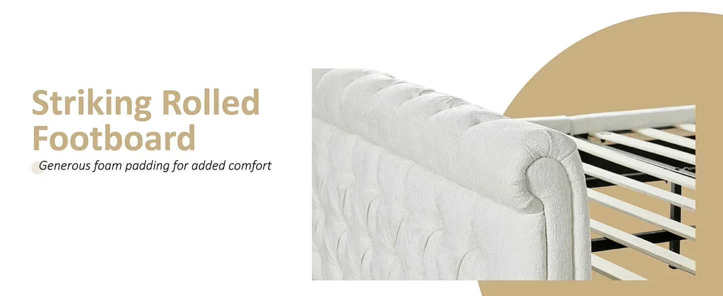 King Size Bed Frame, Chenille Upholstered Sleigh Beds with Scroll Wingback Headboard & Footboard/Button, King Size Bed Frame