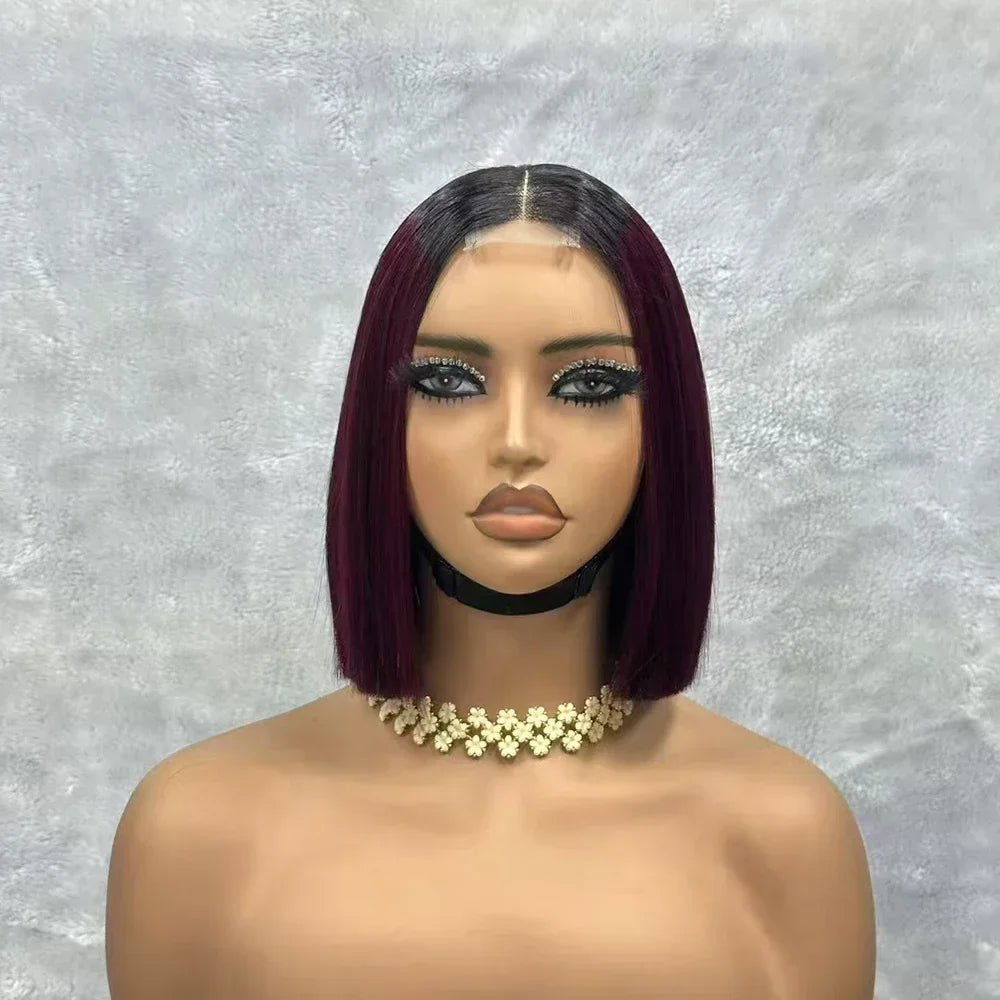 Wine Red Short Bob Human Hair Wig Virgin Brazilian Bone Straight Bob Hair Wig 2x6 Lace Closure Wigs