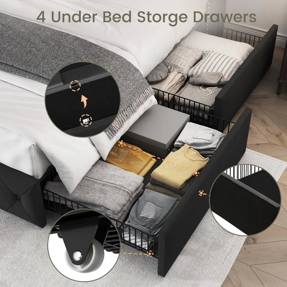Bedroom Bed, King Size Bed Frame with 4 Storage Drawers and Tufted Headboard Velvet Upholstered Platform Bed Frame Wingback