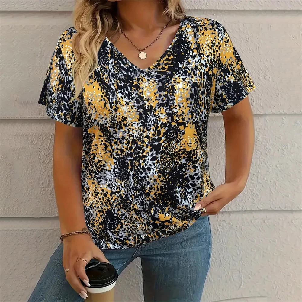 Printed Women's V-Neck Short Sleeve Women's Loose Shirt
