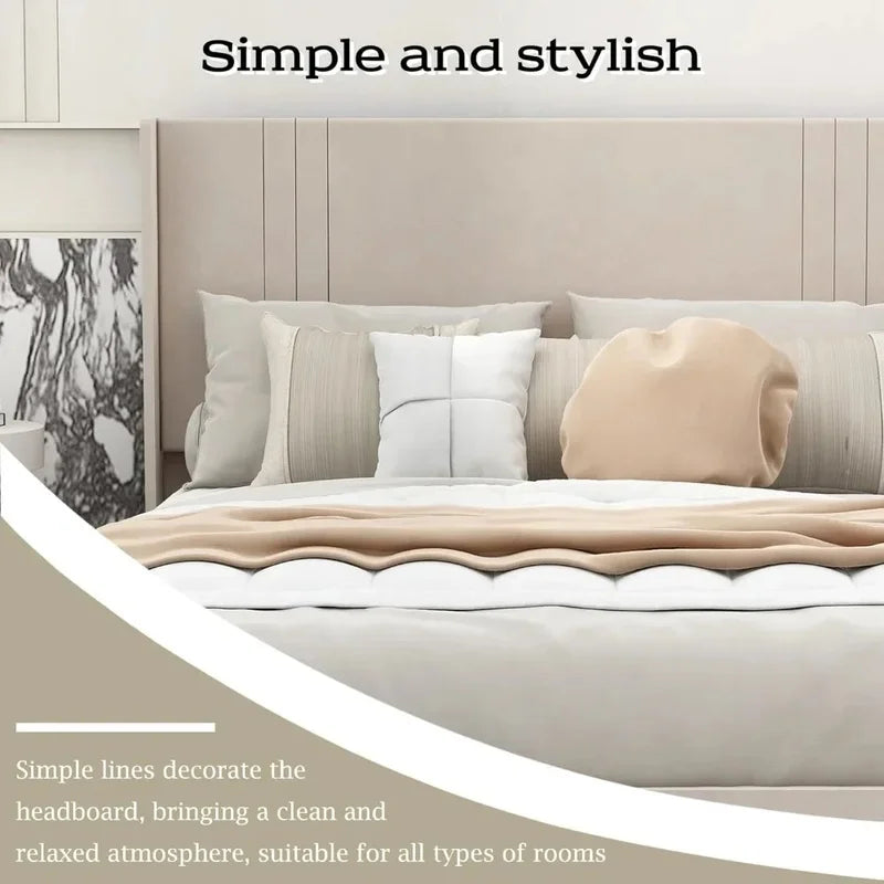 King Size Upholstered Platform Bed Frame with Headboard, Wooden Slats, Easy Assembly, No Box Spring Needed, Beige Velvet.