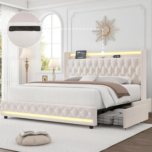 bedstead, with Charging Station and 4 Storage Drawers, Velvet Upholstered Platform Bed with Headboard, Metal Frame, bedstead