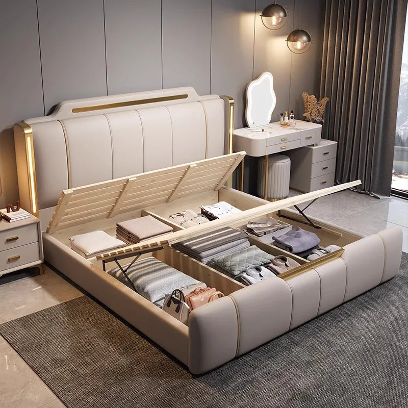 Wholesale Bedroom Set Luxury Wedding Sofa Bed King Size Design Upholstered Bed High-End Soft Back Storage Swivel LED Light