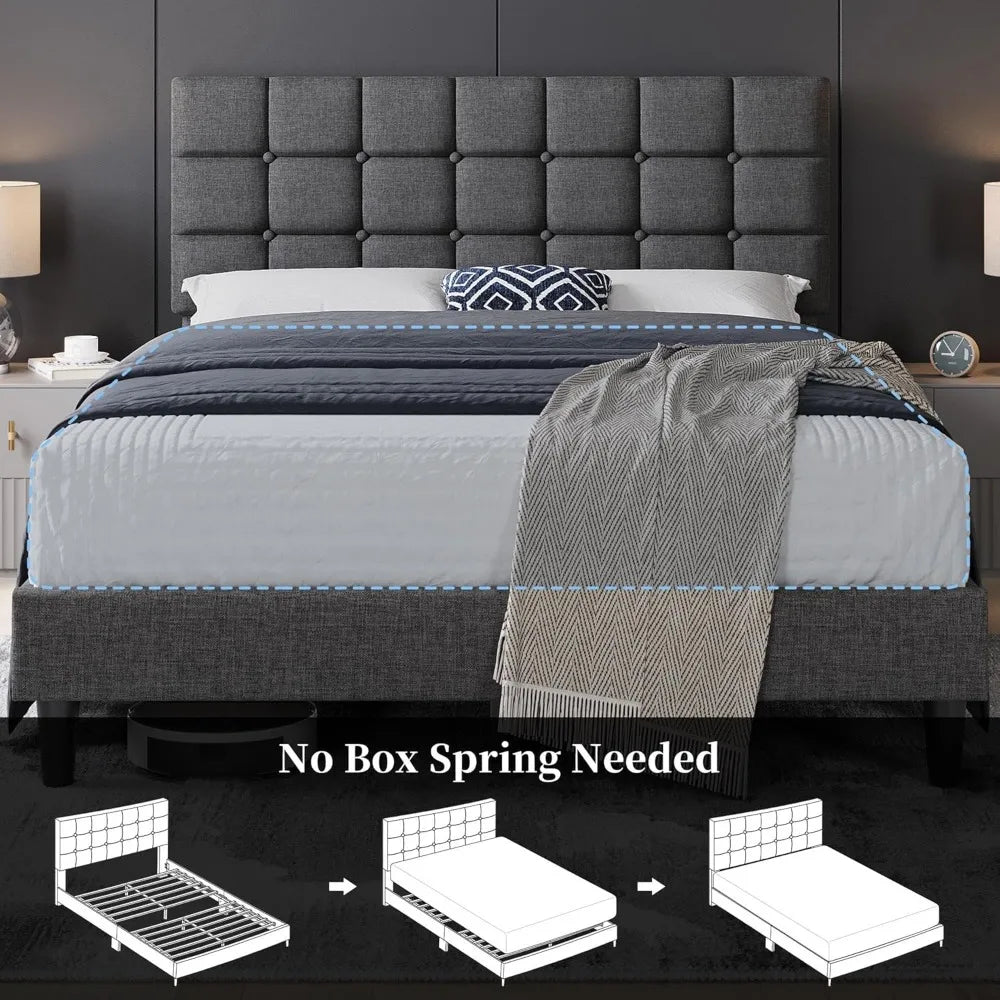 Soft Padded Bed Frame, Modern King Size Bed Platform, with Square Stitching and Button Tufted Headboard, Adjustable Height