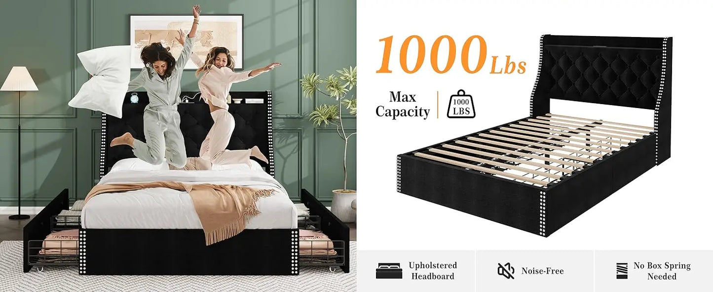 Large Bed Frame with 4 Storage Drawers and Storage Headboard Equipped with Charging Station Diamond Sewn Button Tufted Design