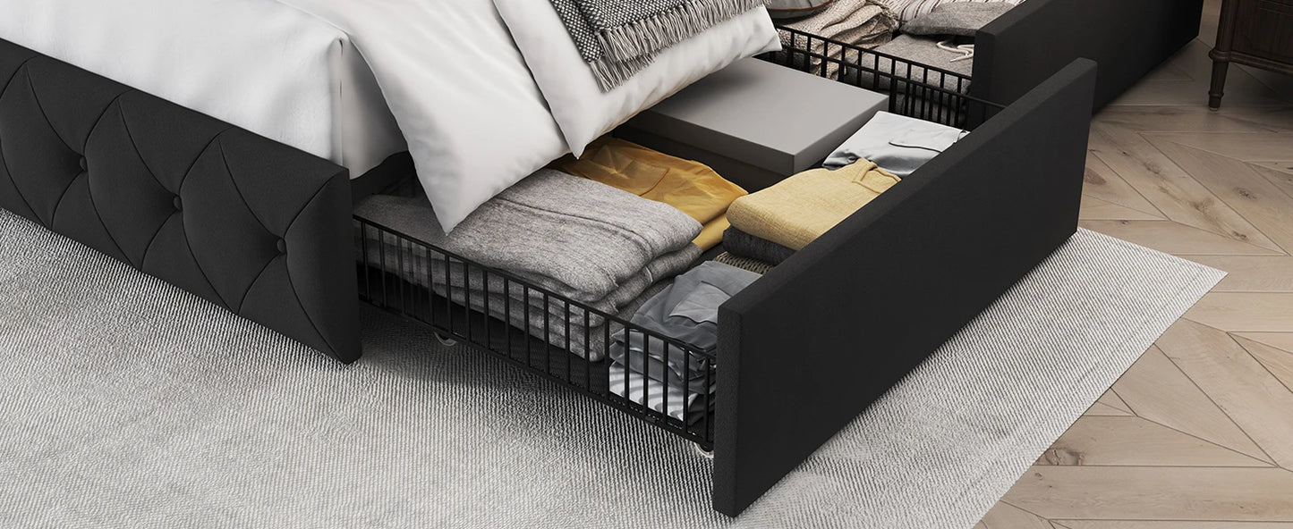 Bedroom Bed, King Size Bed Frame with 4 Storage Drawers and Tufted Headboard Velvet Upholstered Platform Bed Frame Wingback