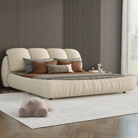 Beige Faux Leather Upholstered Solid Wood Frame Cloud Bed,King Size Platform Bed,Squeak-Free with Overstuffed Padded Headboard