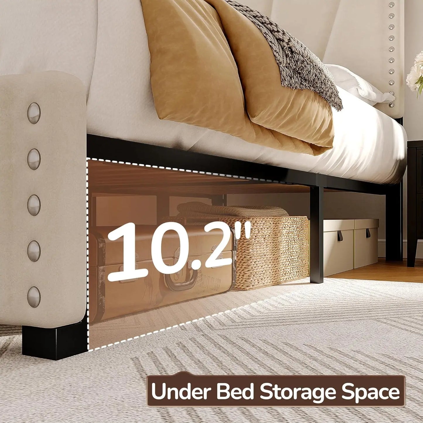 King Size Bed Frame with Velvet Headboard and LED Lights， Storage Headboard Platform Bed with Charging Station