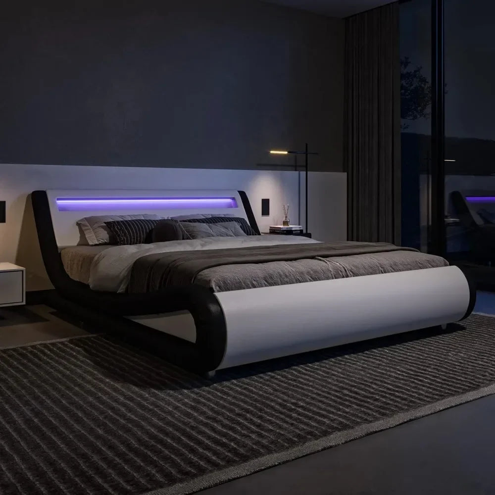 King Size LED Platform Bed Frame with Adjustable Headboard/No Box Spring Need/Easy Assembly/Faux Leather