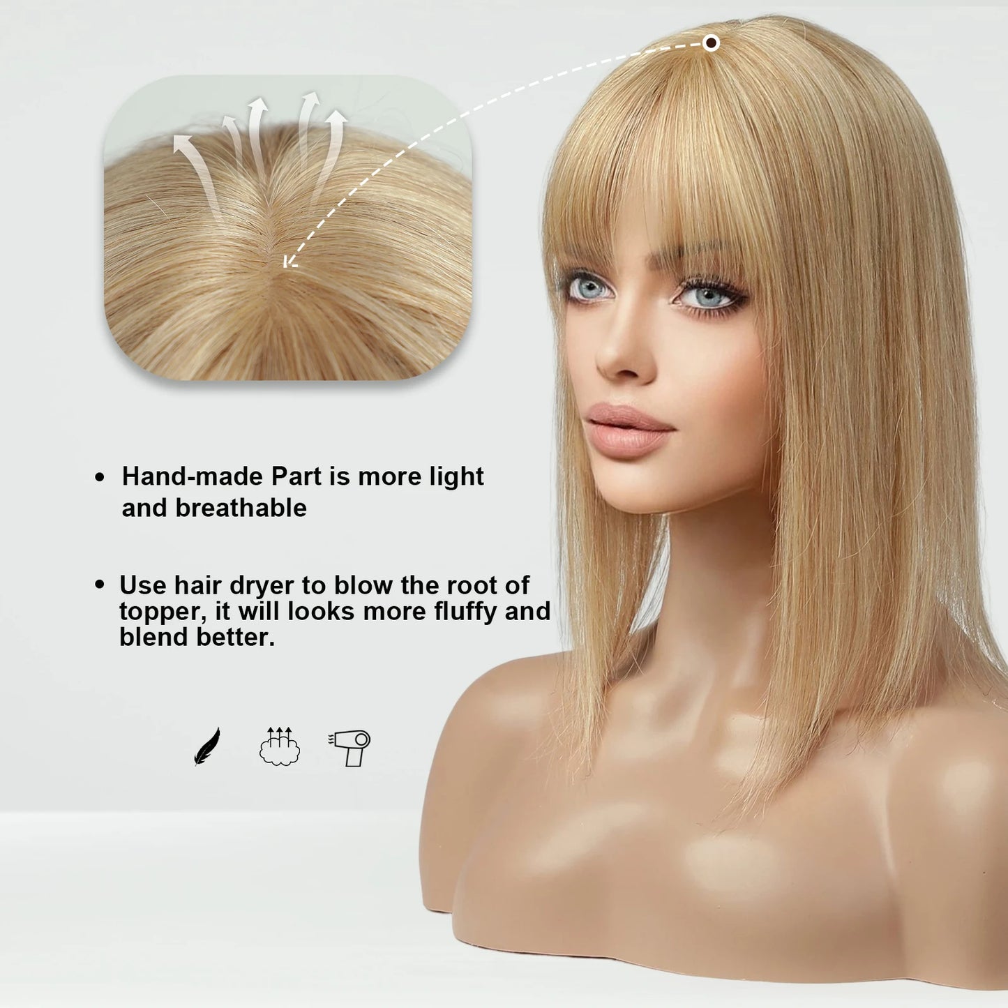 Ombre Blonde 100% Remy Human Hair Toppers with Bangs Silk Base Clip in Topper Top Hair in Hair Extension for Women 10/12/14inch