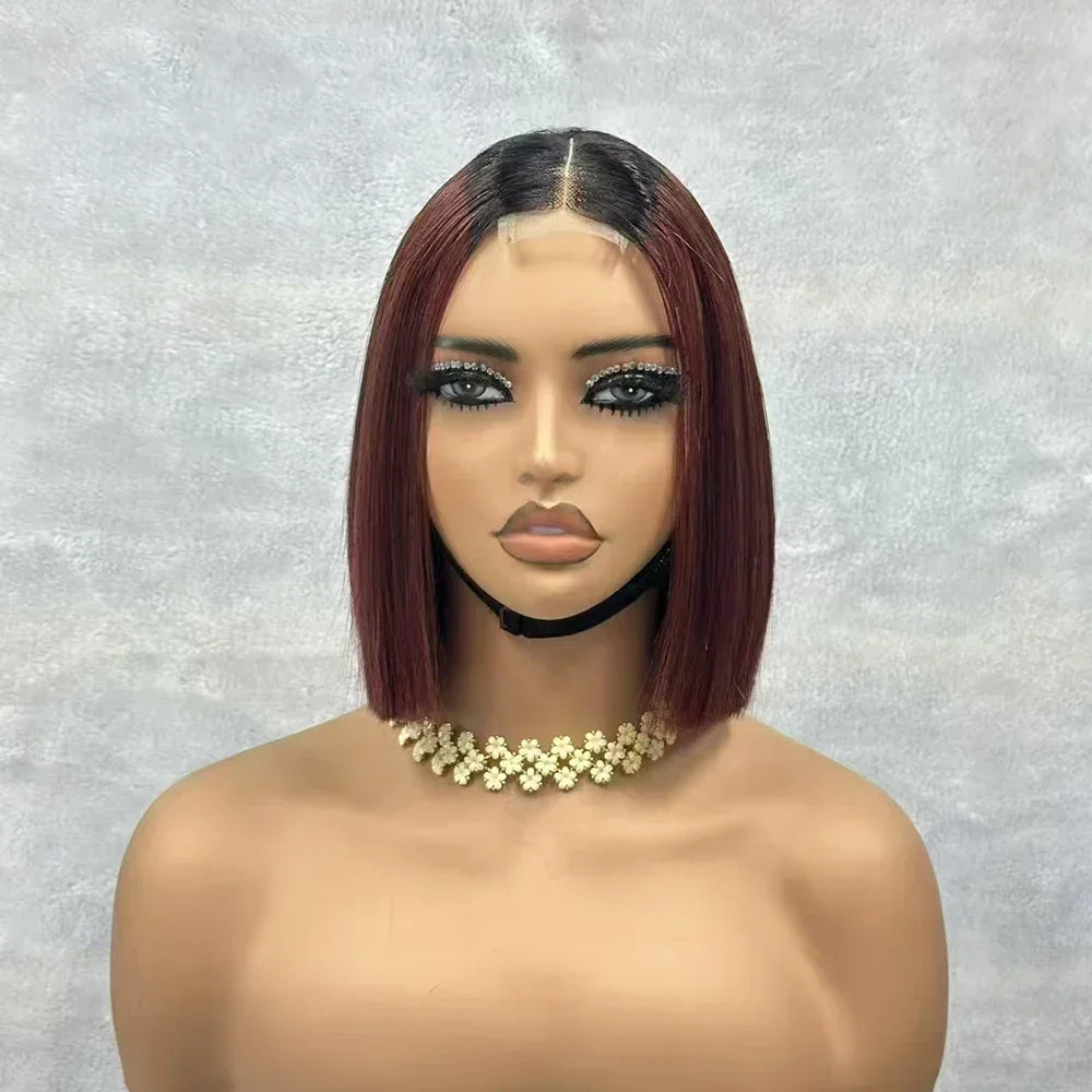Wine Red Short Bob Human Hair Wig Virgin Brazilian Bone Straight Bob Hair Wig 2x6 Lace Closure Wigs