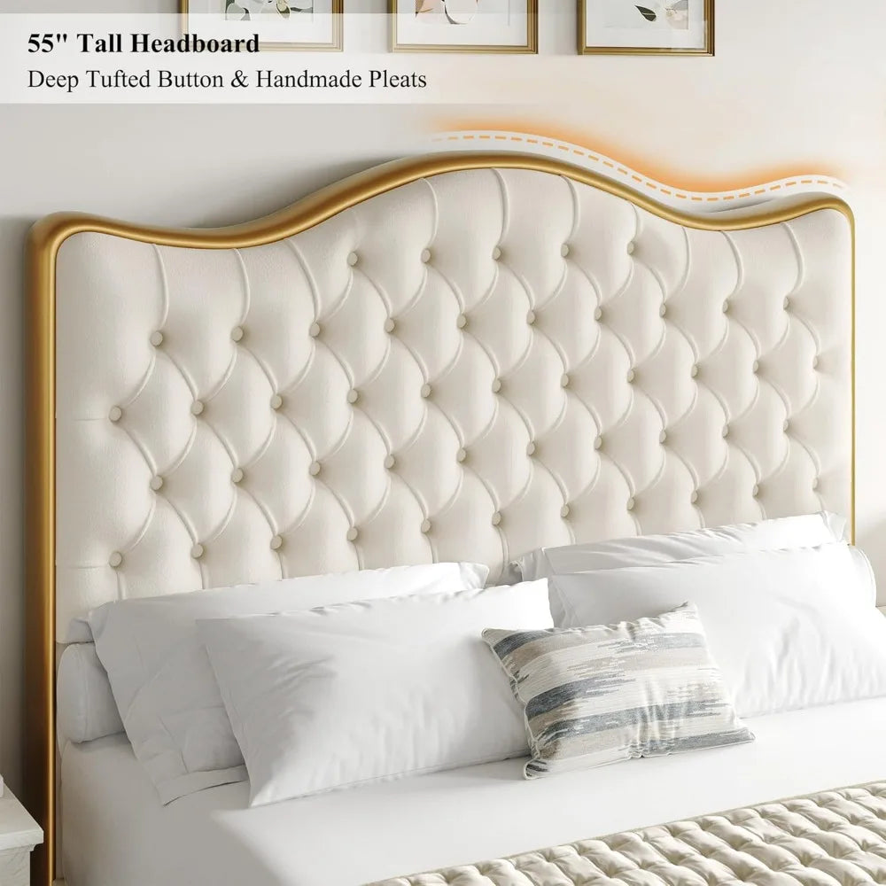 King Size Bed Frame W 55" Tall Curved Headboard, Velvet Deep Tufted Button, No Box Spring Needed, Metal Upholstered Platform Bed