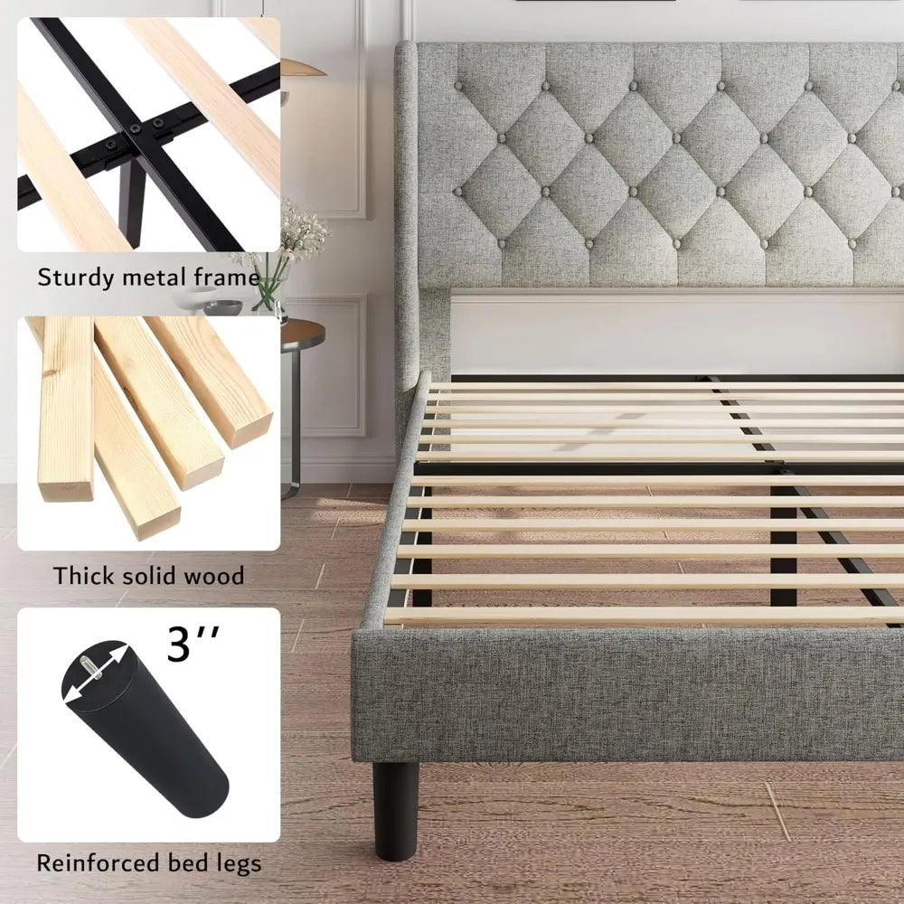 Full Size Bed Frame with Diamond Button Tufted Wingback Headboard, Upholstered Platform Bed Frame with Strong Wood Slat Support