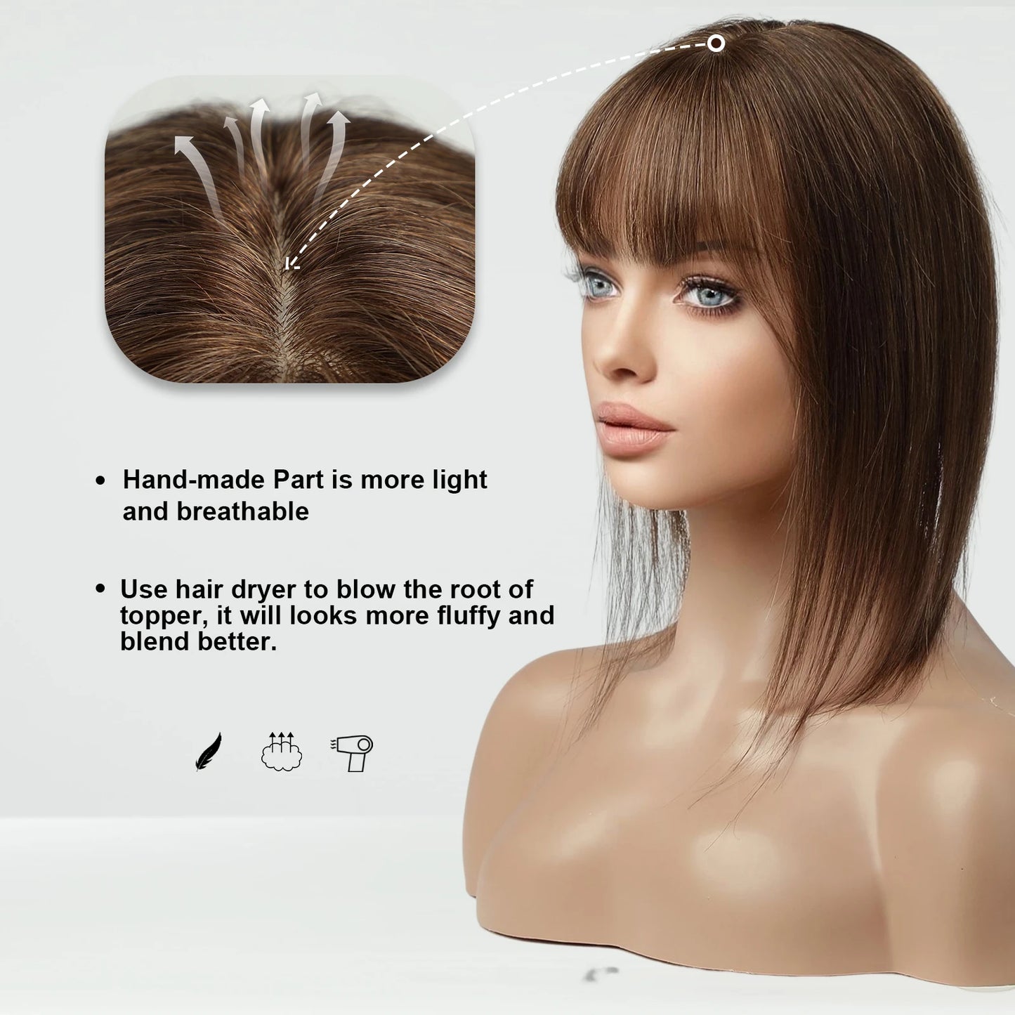Ombre Blonde 100% Remy Human Hair Toppers with Bangs Silk Base Clip in Topper Top Hair in Hair Extension for Women 10/12/14inch
