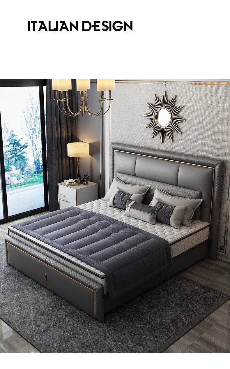 Light Luxury  Bed Frame Dark Gray Complete Furniture Bedrooms Set Beside Tables Cama King Size 2 People For Apartment Villa Home