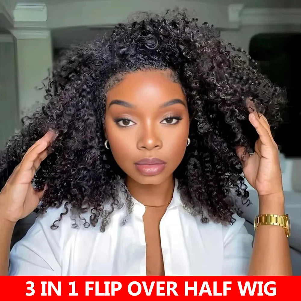 Human Hair Flip Over 3 IN 1 Afro Kinky Curly Glueless Wig