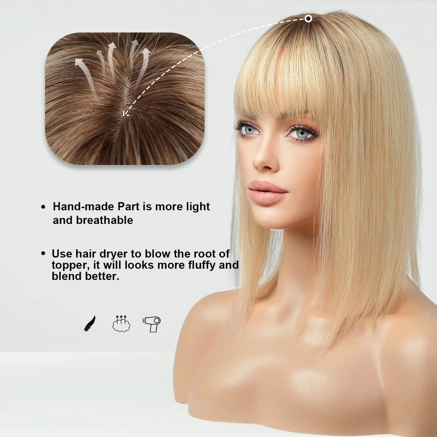 Ombre Blonde 100% Remy Human Hair Toppers with Bangs Silk Base Clip in Topper Top Hair in Hair Extension for Women 10/12/14inch