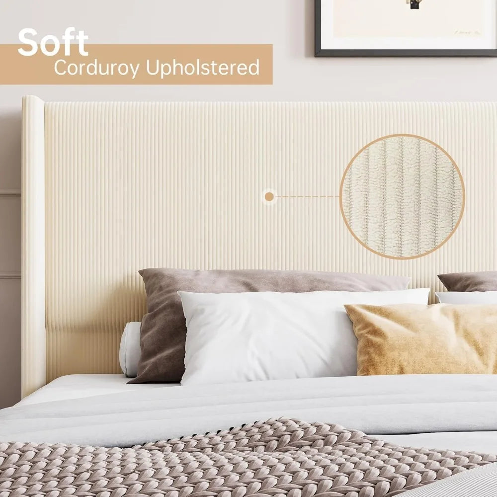 King Size Bed Frame, Upholstered Platform Corduroy Bed Frame with Vertical Channel Tufted Wingback Headboard, Strong Wooden Slat