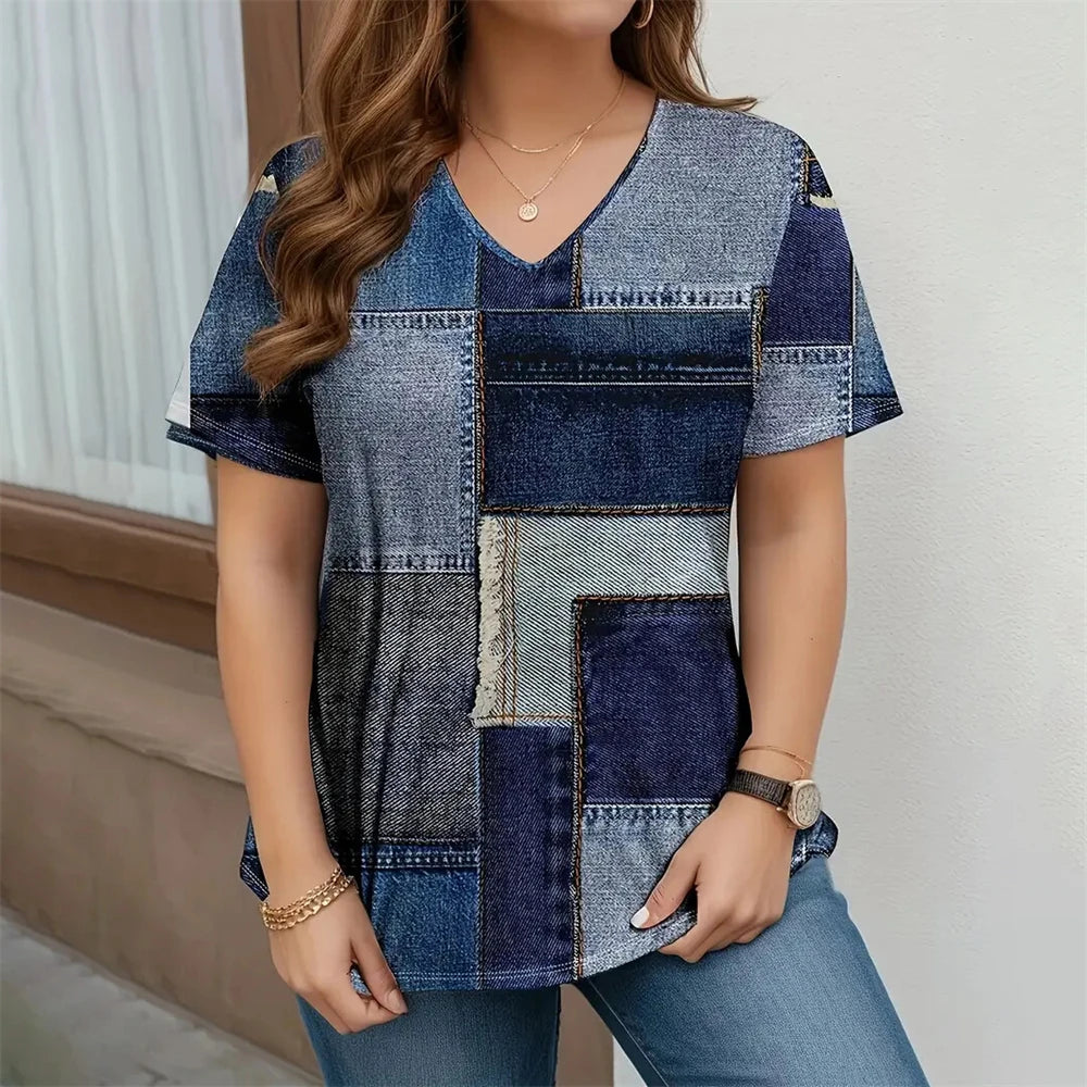 Printed Women's V-Neck Short Sleeve Women's Loose Shirt