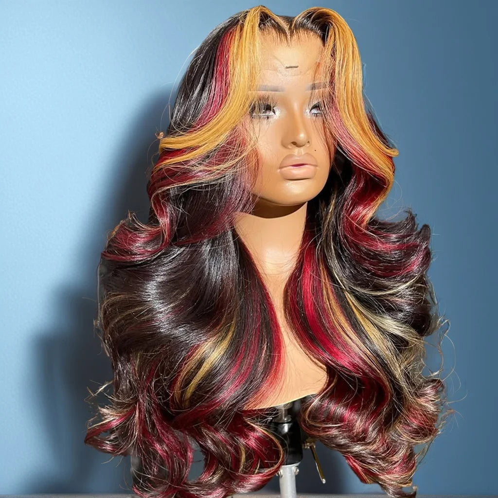 Ombre Red With Blonde Highlights Body Wave 5x5 Glueless Wigs Human Hair Burgundy for Women Pre Plucked 200 Density Colored Wig
