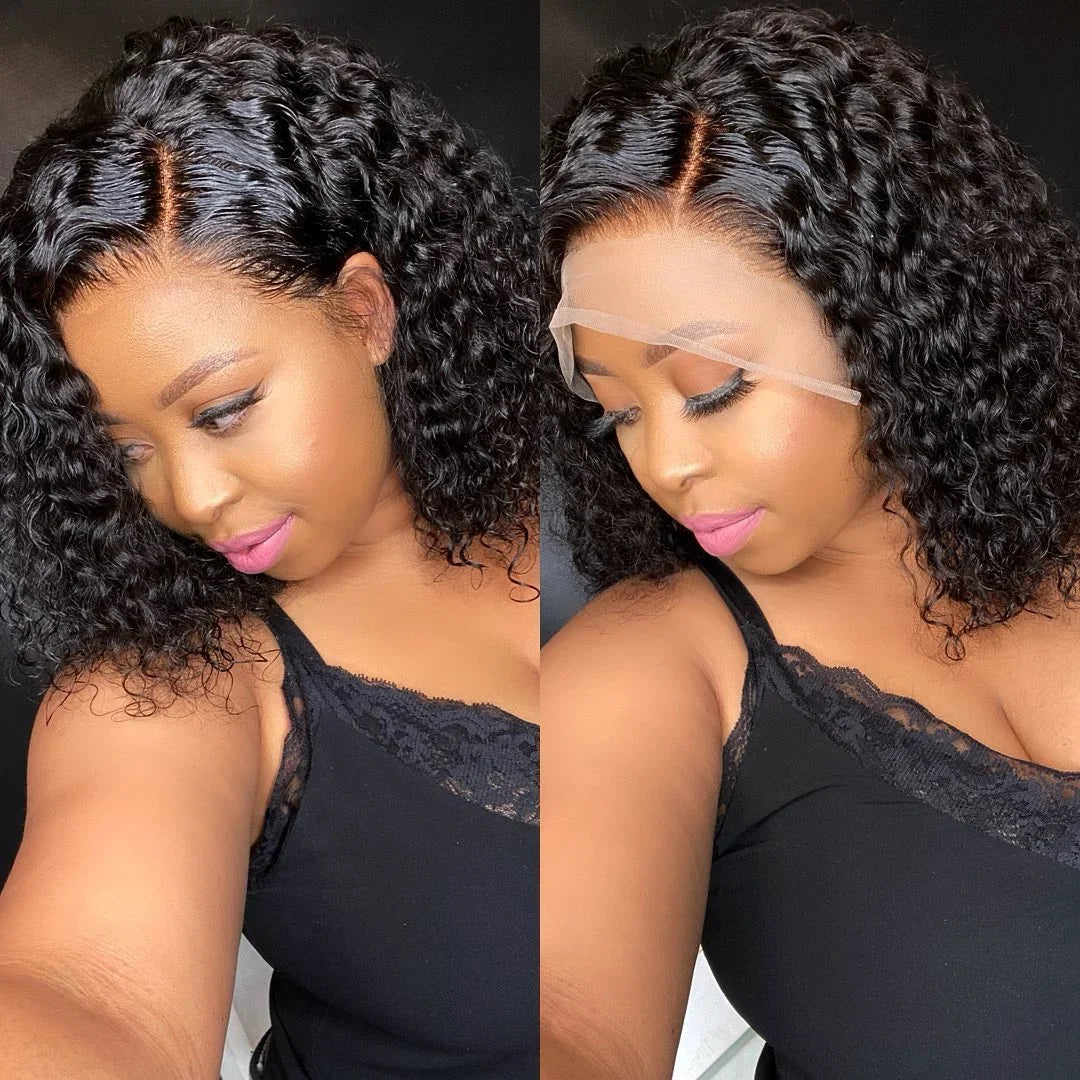 200 Density 13x6 Short Bob  Deep Wave wigs Curly 100% Human Hair 13x4 HD Transparent Lace Front Wig 14 16 Inches