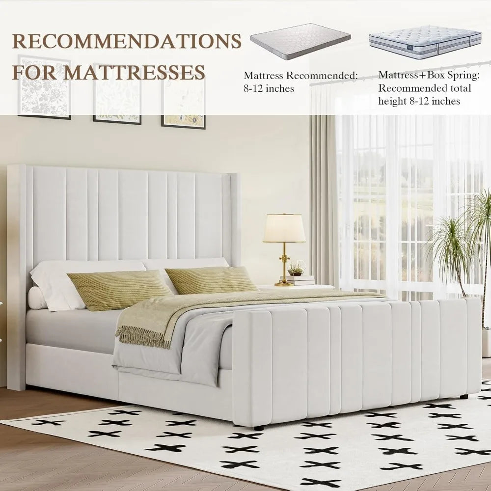 King Size Bed Frame,Wingback Headboard & Footboard, Soft Bed Frame King, Noise Free, Easy Assembly, White
