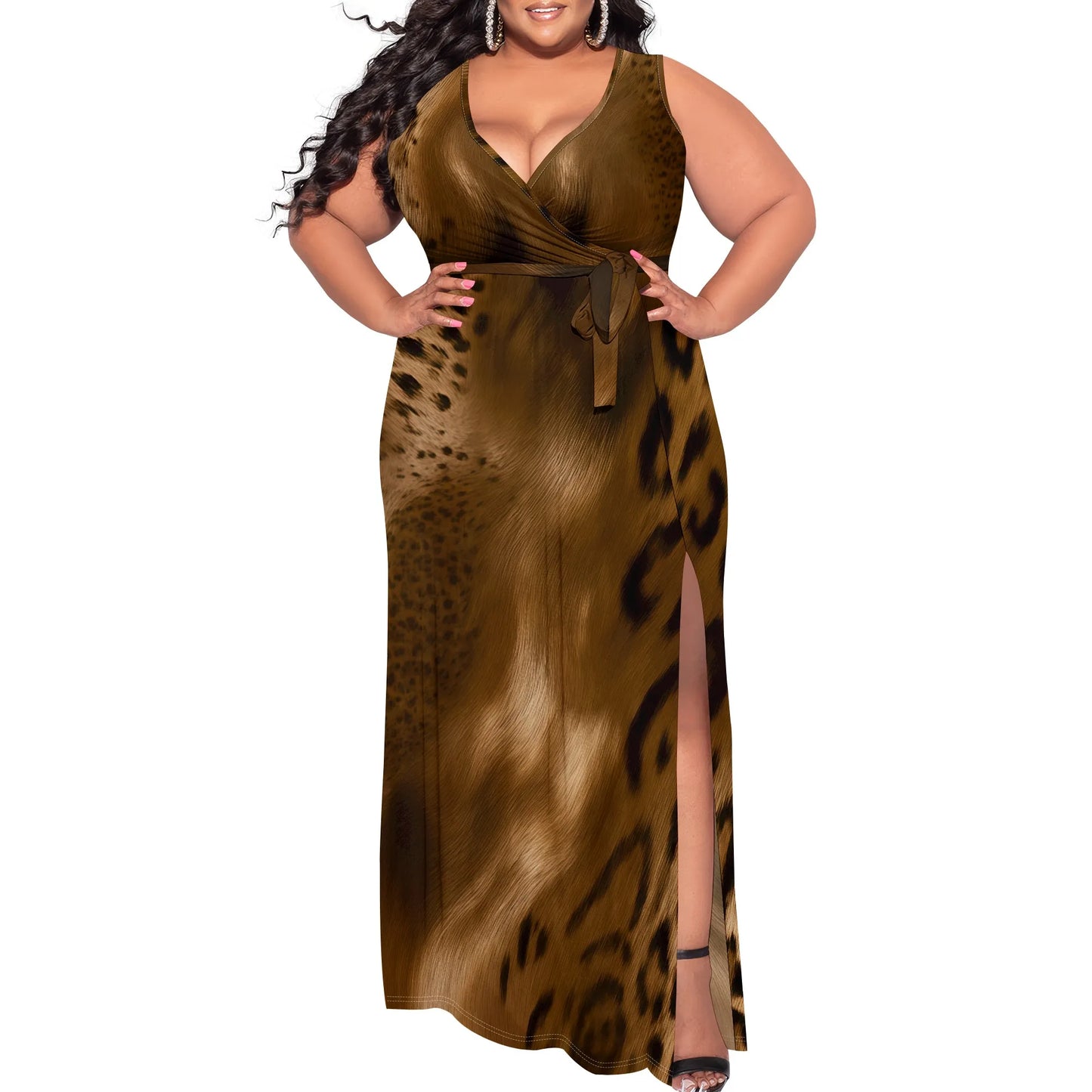 Leopard Print Maxi Dress Sleeveless Style for Evening Party