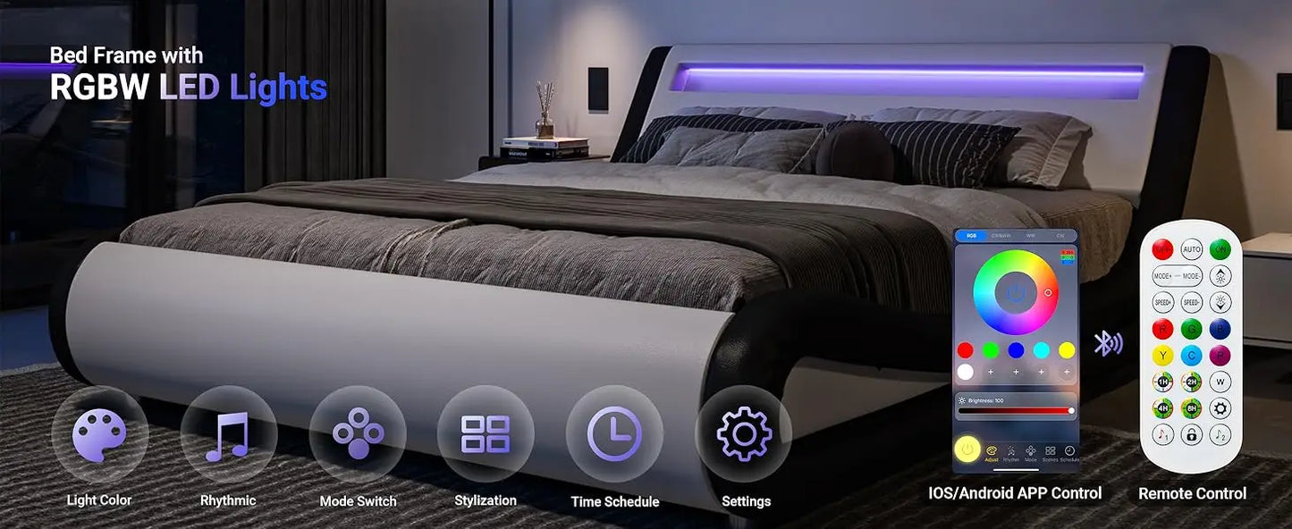 King Size LED Platform Bed Frame with Adjustable Headboard/No Box Spring Need/Easy Assembly/Faux Leather in White and Black
