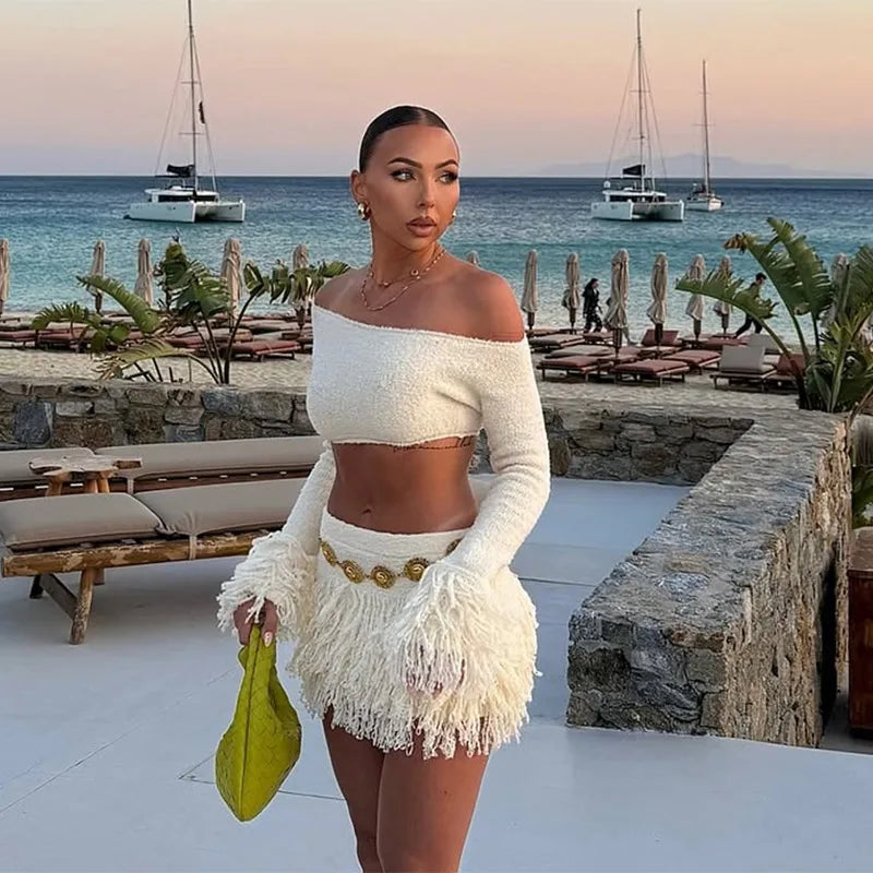 Elegant Tassel Knitted Skirt Set Women Off Shoulder Long Sleeve Crop Top Hip Package Mini Skirts Suit Summer Beach Lady Outfits