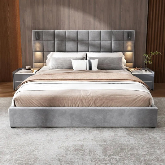 King Size Velvet Platform Bed with Adjustable Reading Lamp and USB Port, Upholstered Platform Bed with Wide Headboard and Wooden
