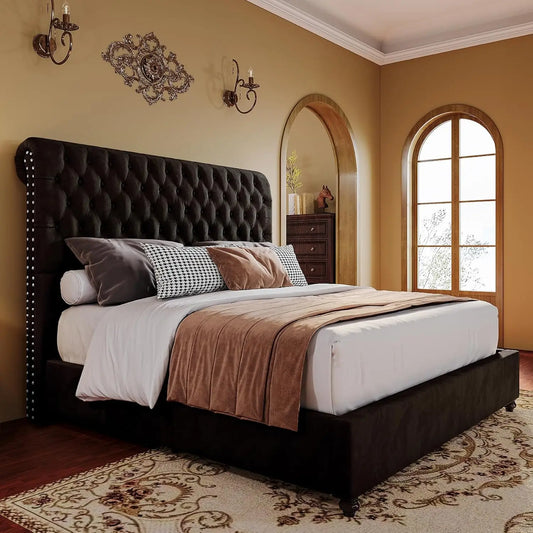 King Bed Frame Upholstered Platform Bed Frame with 52.8'' Tall Sleigh Headboard, Button Tufted, No Box Spring Needed, Black