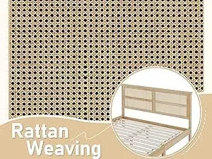 Queen Size Rattan Bed Frame, Natural Wood Bed Frame with Support Legs, Platform Beds with Rattan Headboard, Queen Bed Frame