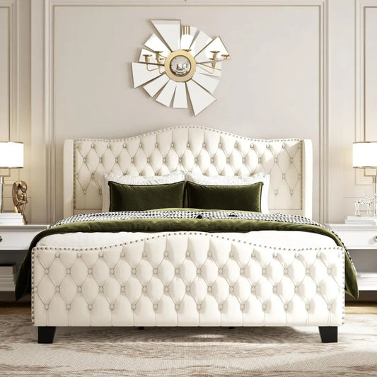 King Size Bed Frame with 51-inch Tall Camelback Headboard, Velvet Upholstered Platform Bed with Deep Button Tufted Footboard & N