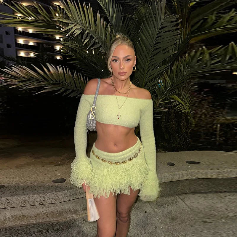 Elegant Tassel Knitted Skirt Set Women Off Shoulder Long Sleeve Crop Top Hip Package Mini Skirts Suit Summer Beach Lady Outfits