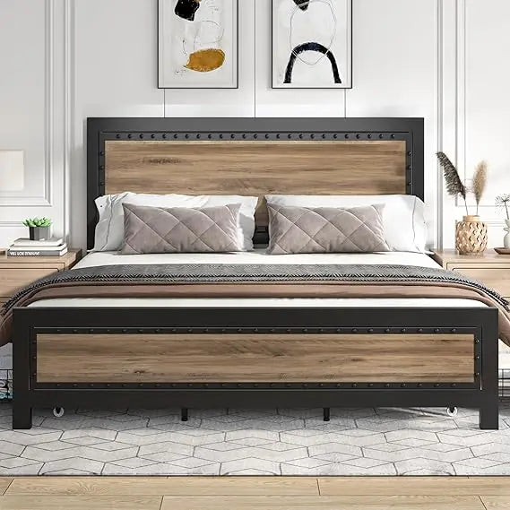 Keyluv King Bed Frame with 4 Storage Drawers, Rivet Modern Headboard and Footboard Platform Bed with Solid Wood Slats Support, N